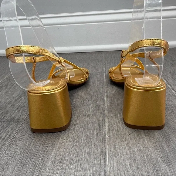 SEZANE PERNILLE SANDALS GOLD 37 6.5 Strappy Block Heel Square Toe Metallic Shoes - Picture 9 of 16